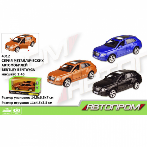 Машина метал 4312 "АВТОПРОМ" 1:45 BENTLEY BENTAYGA, 3 кольори, відчиняються двері, в коробці 14,5*6,5*7см