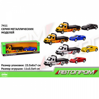 Машина металл 7411 "АВТОПРОМ",1:50 эвакуатор+машинка, 4 в.