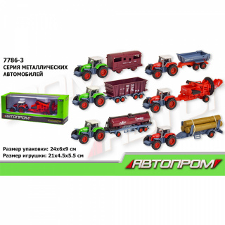 Трактор метал 7786-3 "АВТОПРОМ" 1:50 з причепом, 6 видів, у коробці